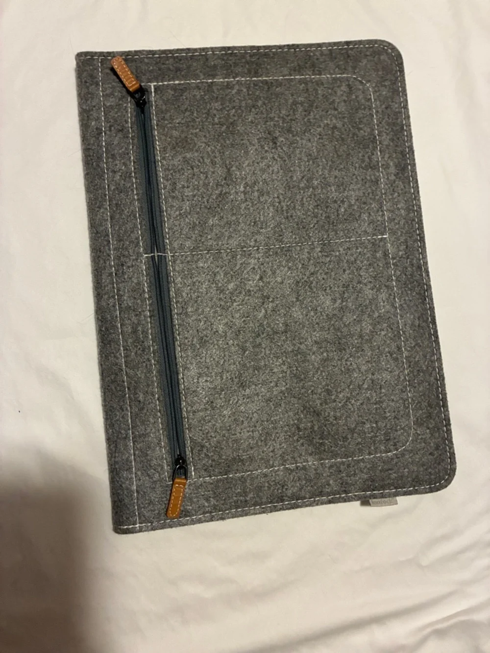 Gray Felt Tablet or Laptop Sleeve with Brown Leather Logo Patch